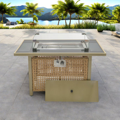 Propane Gas Fire Pit Table With Glass Wind Guard And An Open Basket-wave Patterned Wicker