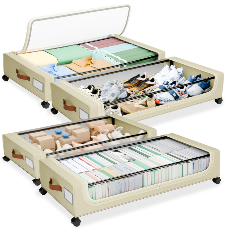 Under Bed Storage with Wheels, 2-Pack Under Bed Storage Containers with Clear Lids, Under the bed storage Organizer Bins, Rolling Under Bed Metal Drawer for Clothes,Shoes,Toys (White, 4Pack)