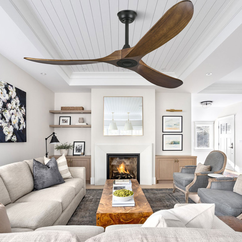 Orren Ellis 52'' 3-Blade Ceiling Fan (No Light) – Solid Wood Walnut Propeller Ceiling Fans Without Light, Remote, DC Motor, Indoor/Outdoor/Patio (Coastal/Farmhouse)