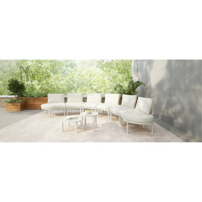 8-Piece Patio Sofa Furniture Set, Half Moon Outdoor Sectional Sofa With 2 High-Low Coffee Tables, PE Wicker Rattan, Tempered Glass, 6 Pillows & Cushions, For Backyard, Garden, Poolside,Beige