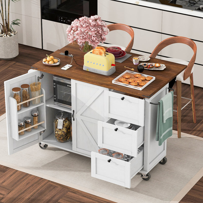 54.5" Farmhouse Kitchen Island with Power Outlet, Internal Storage Racks & Drop Leaf (White), White