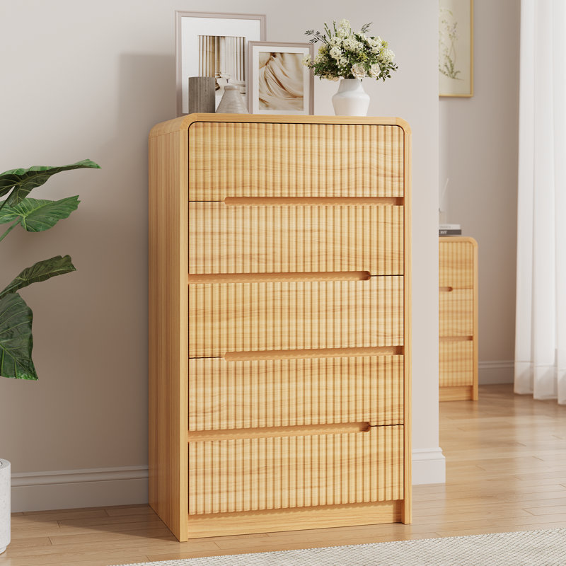 Ato 23.6" W 5 Drawer Mid-Century Modern, Wooden Dresser with Curved Profile and Fluted Design, Oak