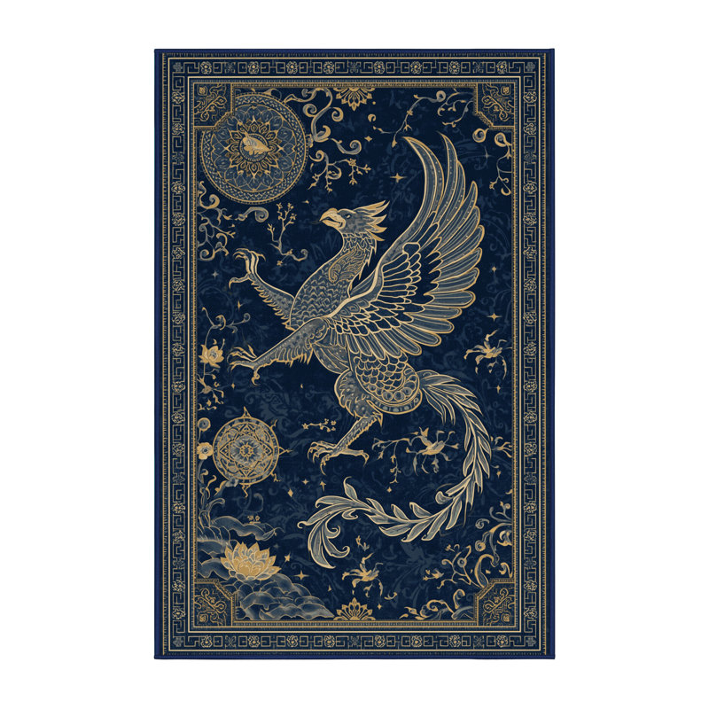 Tapis oriental bleu lavable à la machine Ozgur Griffin, 5 x 7