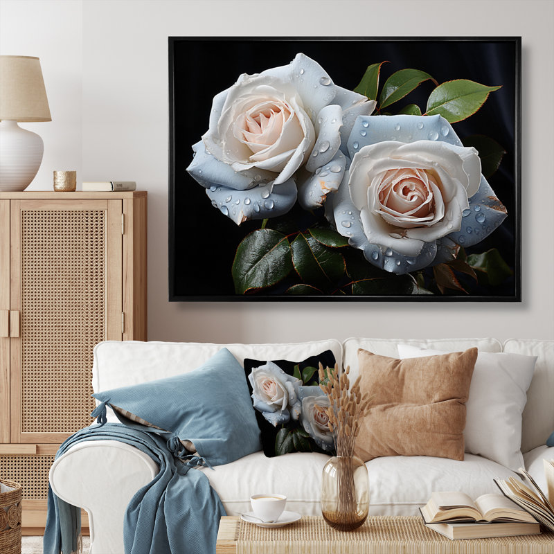Roses blanches, impression romantique II, Cadre flottant noir, H 12 po x l 20 po x P 1 po