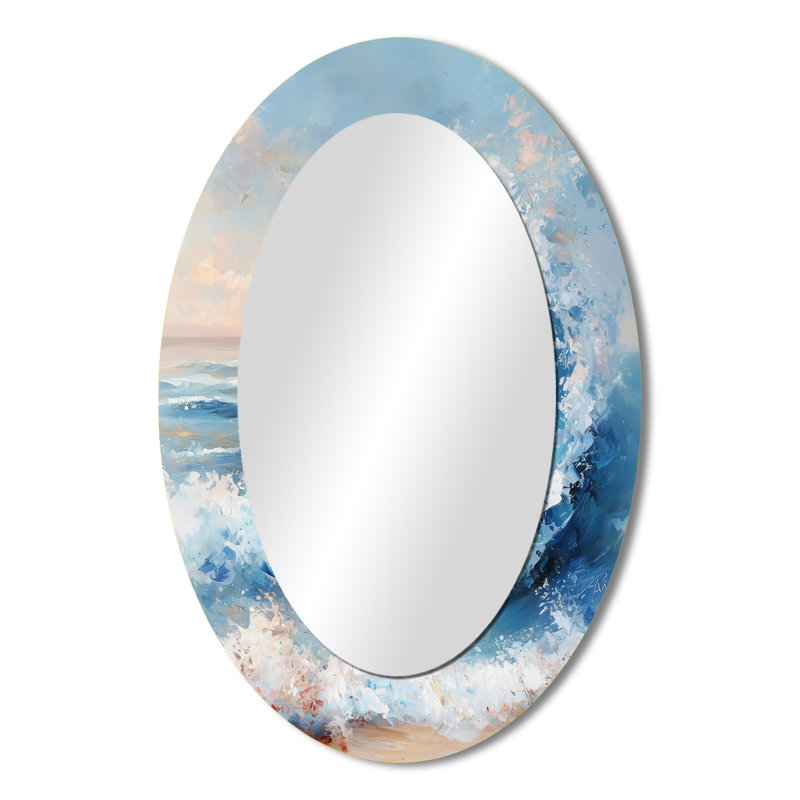 Bleu blanc spirale côtière vagues - grand miroir mural ovale sur métal, 36 po x 24 po