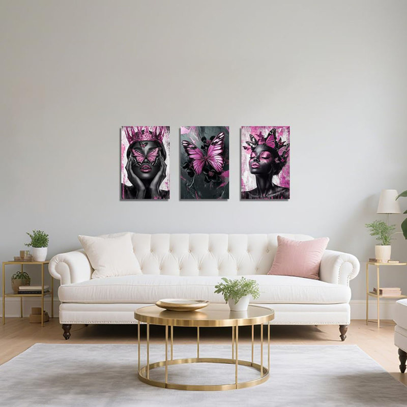 3 Piece Wrapped Canvas Print, Pink