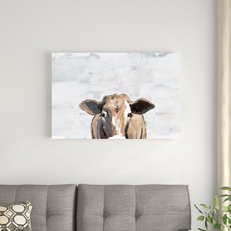 «Painterly Cow Peeking Gray», reproduction d'art sur toile tendue, H 24 po x l 36 po