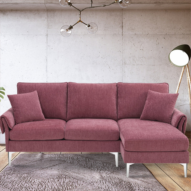 Upholstered L-Shaped Sectional Reversible, Pink Polyester