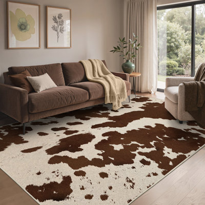Terra Vintage Cow Print Machine Washable Beige / Brown Indoor Area Rug with Non-Slip Backing