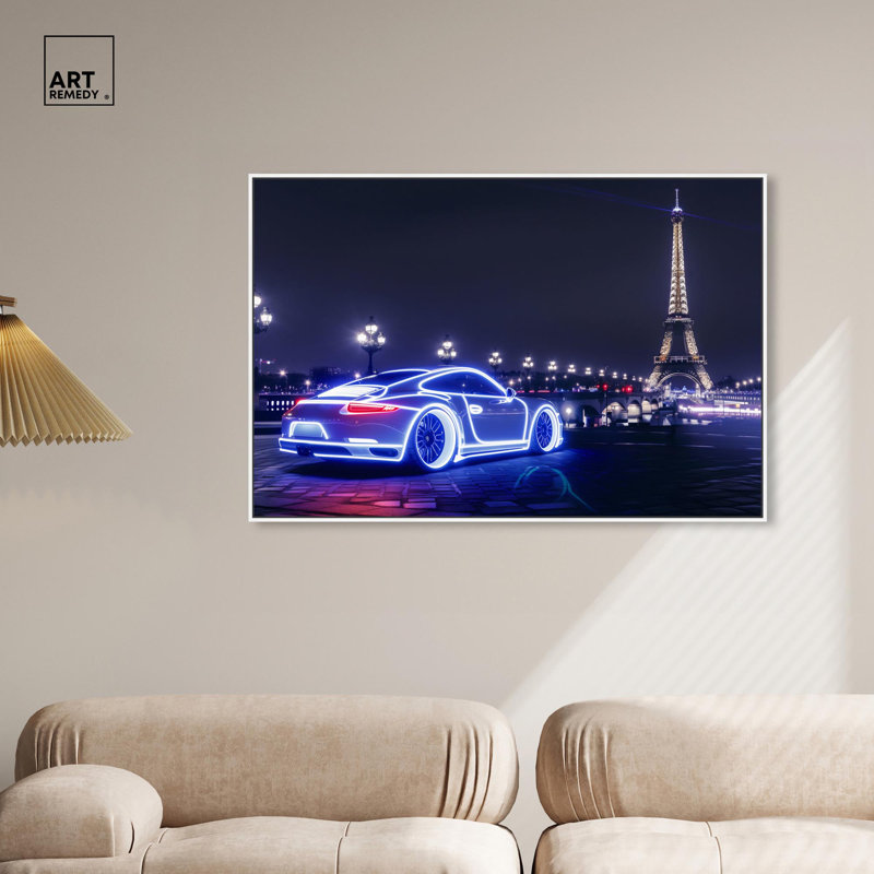 «Bright Neon Car Paris», reproduction d'art sur toile , H 31 po x l 46 po, Cadre flottant blanc