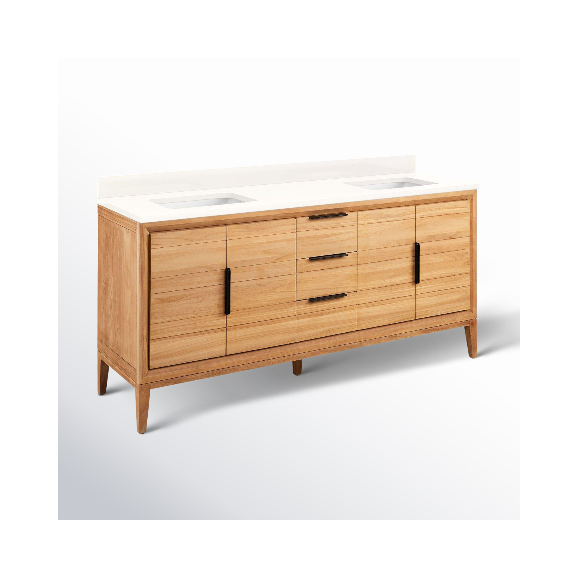 Aliso 72" Double Bathroom Vanity, No Faucet Hole, Arctic White Quartz, Natural Teak