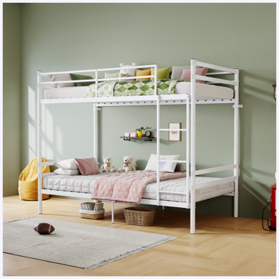 Lit superposé simple au-dessus d'un lit simple en métal avec échelle, garde-corps hauts, espace de rangement, silencieux, blanc