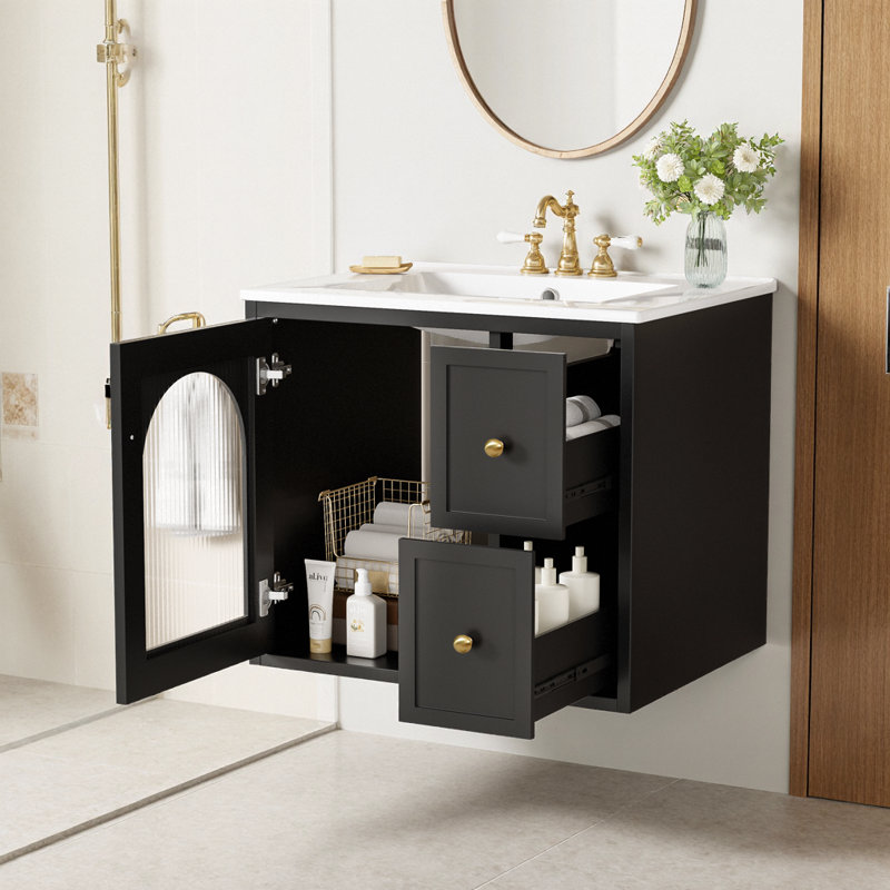 Meuble-lavabo mural 24 po avec lavabo et rangement en céramique, Noir