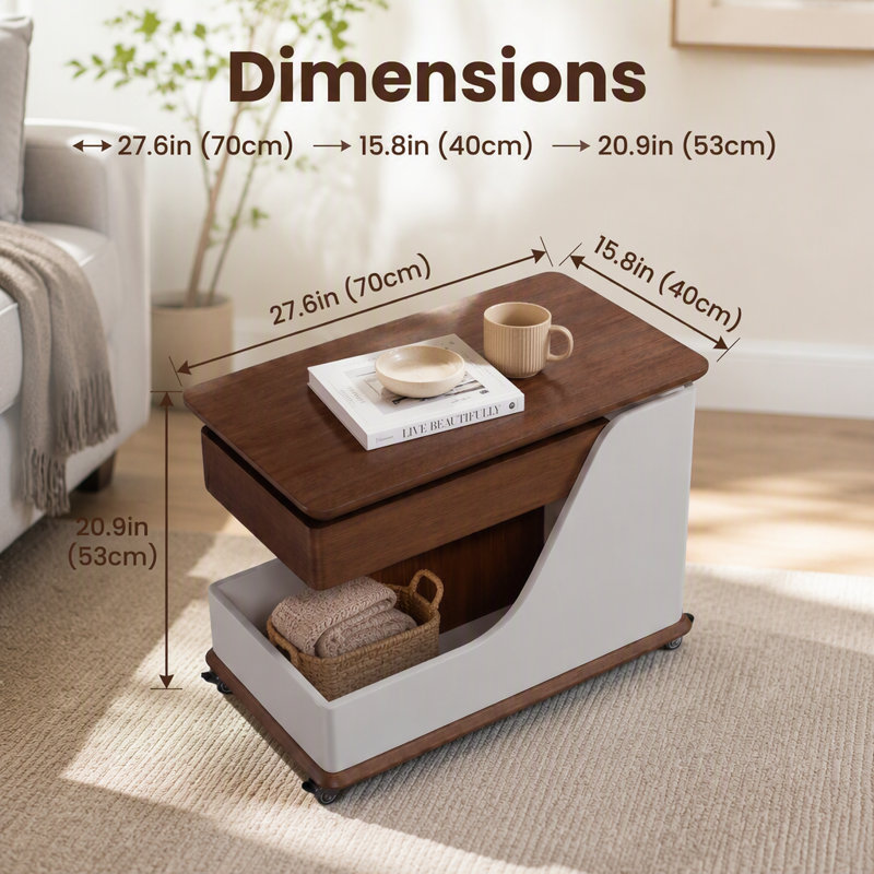 Table d'appoint à hauteur réglable avec rangement et roulettes