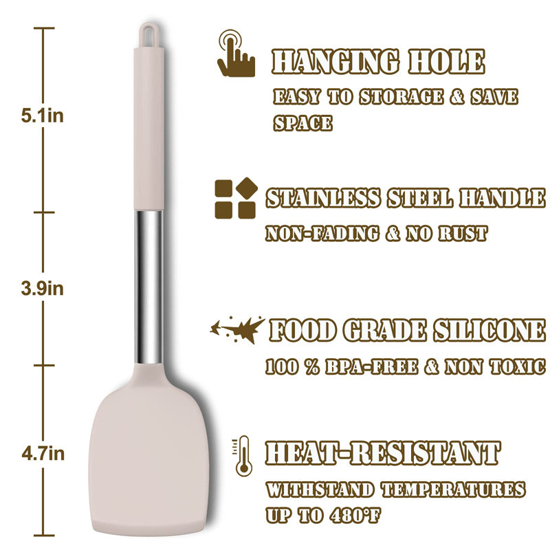 Ensemble d'ustensiles de cuisine en silicone, ensemble d'ustensiles de cuisine en acier inoxydable, résistant à la chaleur antiadhésif, kaki