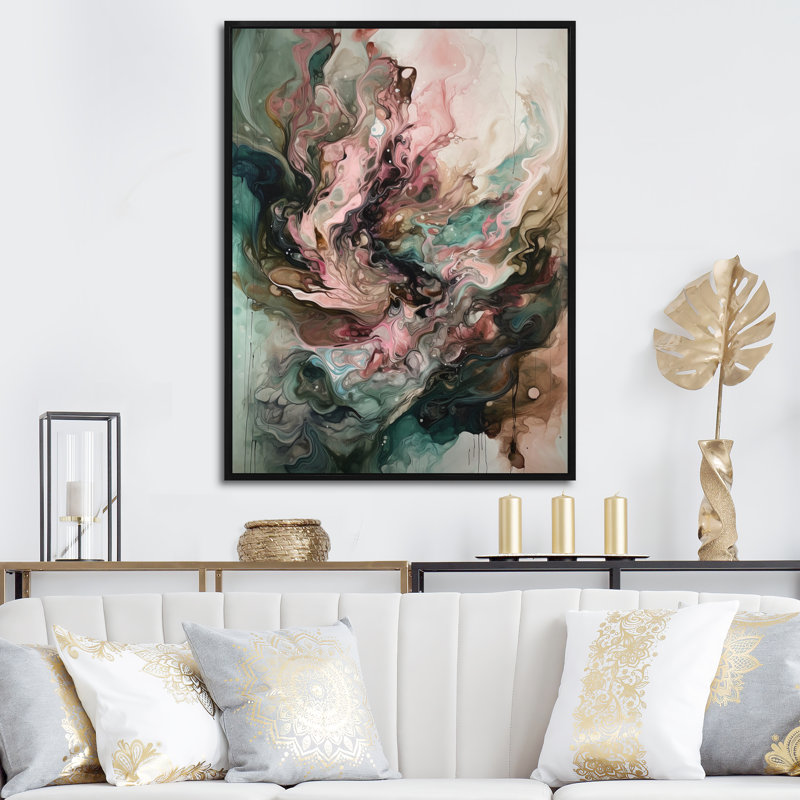 Art mural encadré géométrique abstrait rose et vert III, H 44 po x l 34 po x P 1,5 po, Cadre flottant noir
