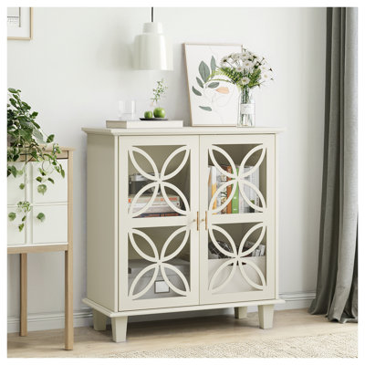 Buffet moderne crème avec portes en verre trempé, console de rangement rétro pour salon et salle à manger