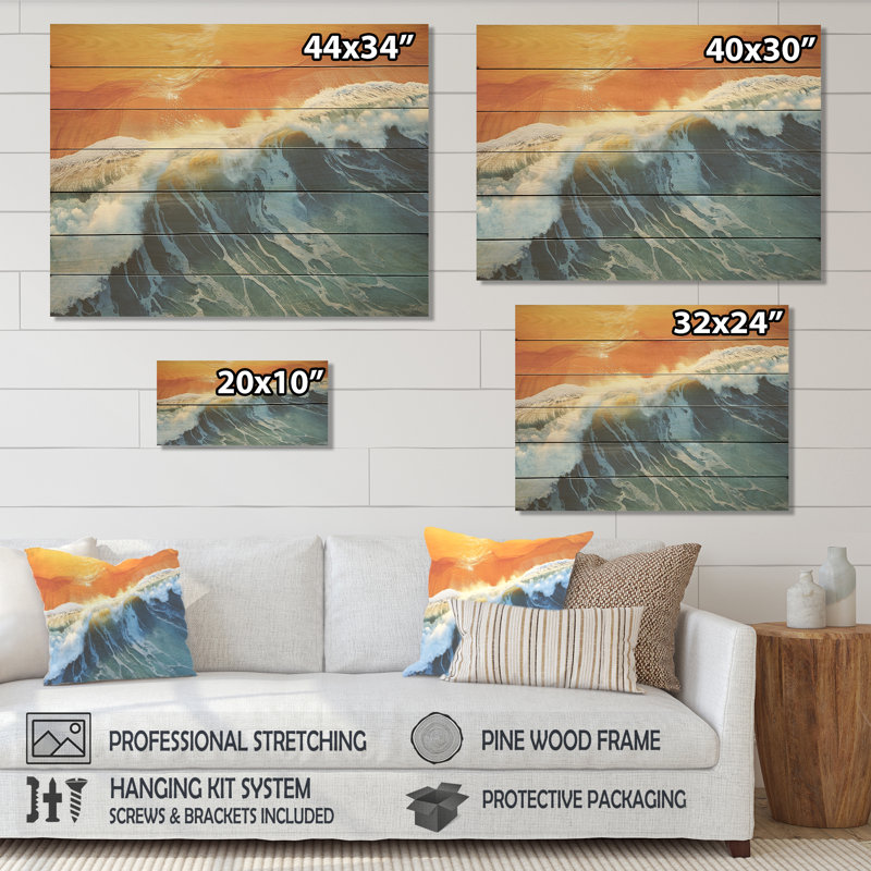 Blue And Orange Beach Aerial View III - Beach On Wood Print, 10" H x 20" W x 0.78" D