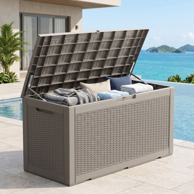 110 Gallon Weatherproof Outdoor Deck Storage Box with Lockable Lid & Resin Construction, Grey