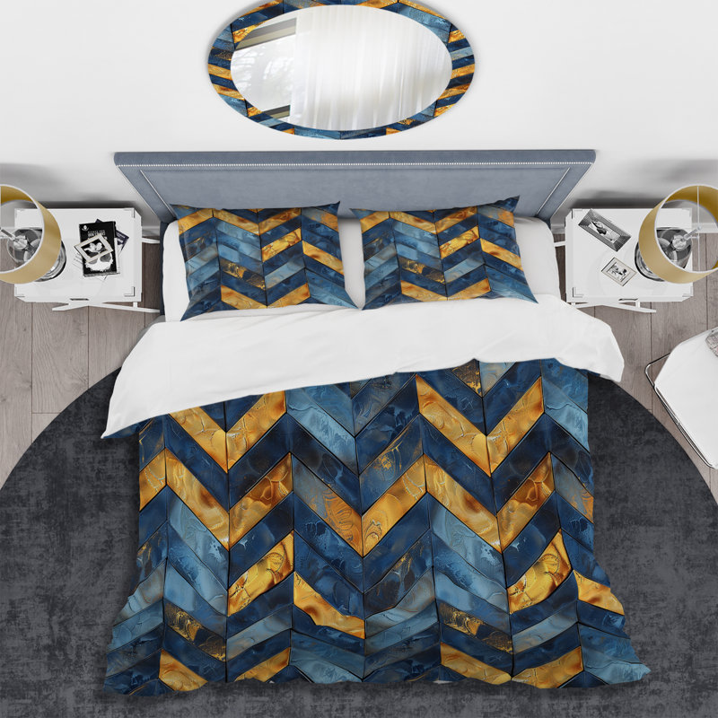 Ensemble de housse de couette transitionnel bleu doré à chevrons Glamour VII