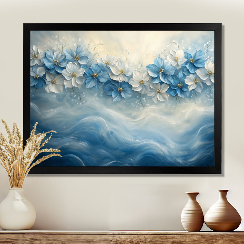 Velours bleu poinsettias Yuletide Blossom I - art mural de poinsettias pour le salon, H 12 po x l 20 po, Cadre simple noir
