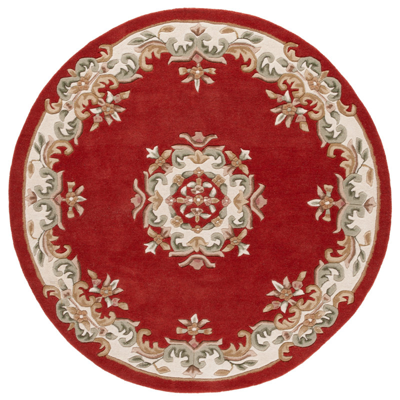 Stengel Aubusson Hand Tufted Wool/Cotton Floral Rug in Ivory/Rust, Round 6'