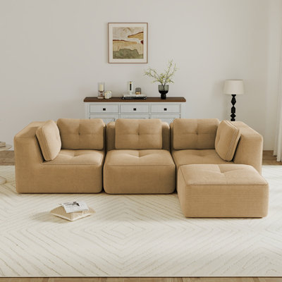 Modern Modular Sectional Sofa for Living Room, Corduroy Fabric, 3-Seater Couch with Deep Seat and 1-Movable Ottoman,Pearl-like piping, Tufted Design, No Assembly, Anti-slip Design