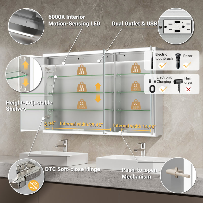 Armoire à pharmacie Ciyanna avec éclairage DEL, miroir biseauté antibuée, montage en surface ou encastré, éclairage à intensité variable, prise USB, horloge et détecteur de mouvement.