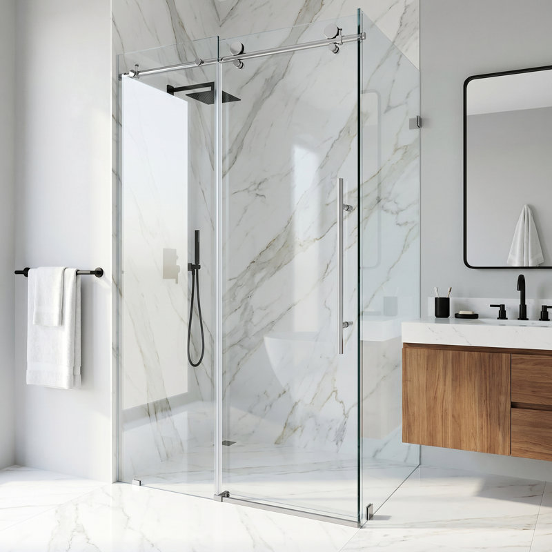 Cabine de douche coulissante sans cadre avec verre transparent 3/8 po de l 46 po x P 34 po x H 76 po Elan, Chrome