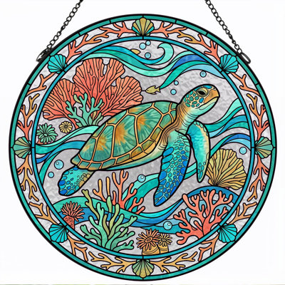 Sea Turtle Stained Glass Window Panel，12"H