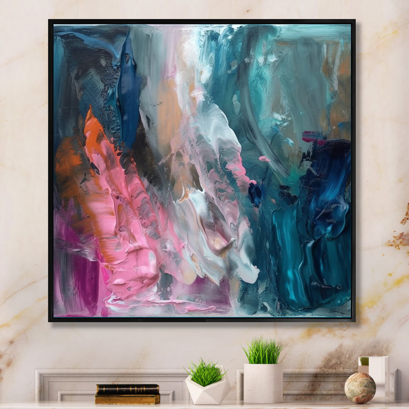 Demeko moderne bleu et rose abstrait - art mural abstrait, H 30 po x l 30 po, Reproduction avec cadre flottant, Noir