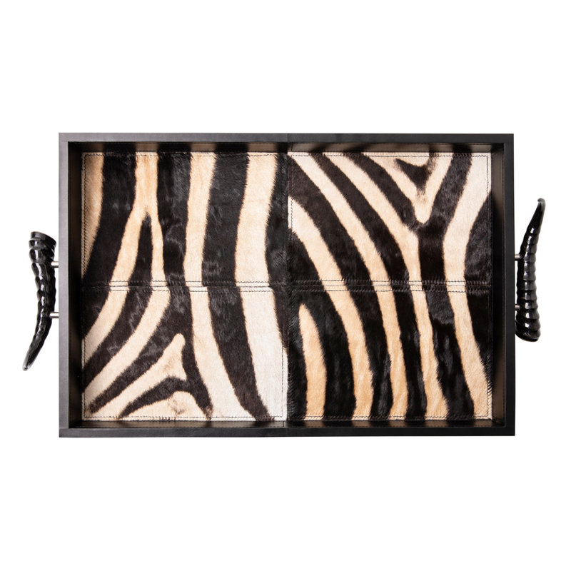 Leather Rectangle Tray W/ Zebra Inlay - Springbok Horn Handles