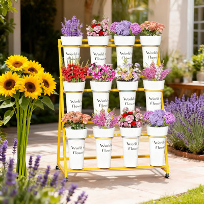 3-Tier Metal Flower Display Stand With 12 Removable Buckets And 4 Locking Wheels, Freestanding Florist Cart For Bouquet Arrangements In Garden, Wedding, Party, Indoor And Outdoor Decor
