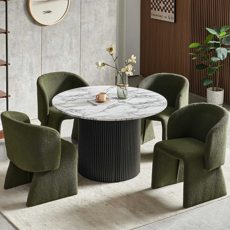 5-Piece Dining Table Set, Wood Top, Faux Fur Armchairs, Black, Green, White Marble