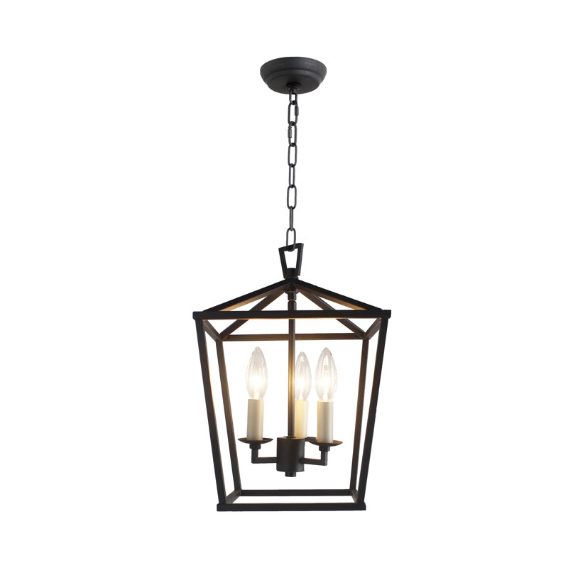 Luminaire suspendu de style lanterne médiévale à 3 lumières en noir / or / argent, Fer, Antiquité vieillie