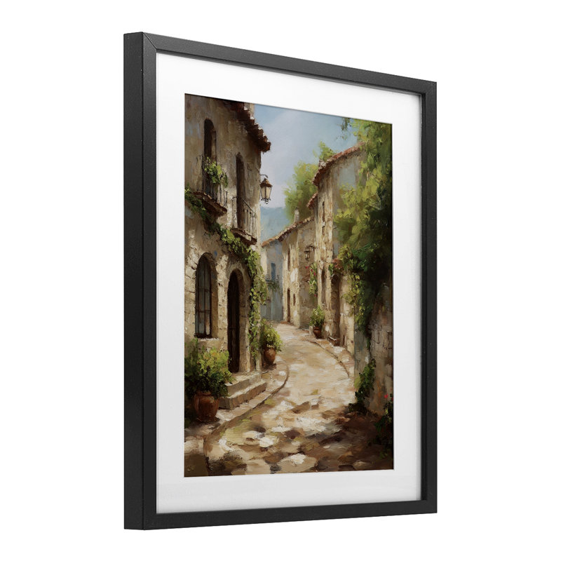 Timeless Village Pathway, impression sous verre encadrée, design par Petal Prints Design, Cadre noir minuit