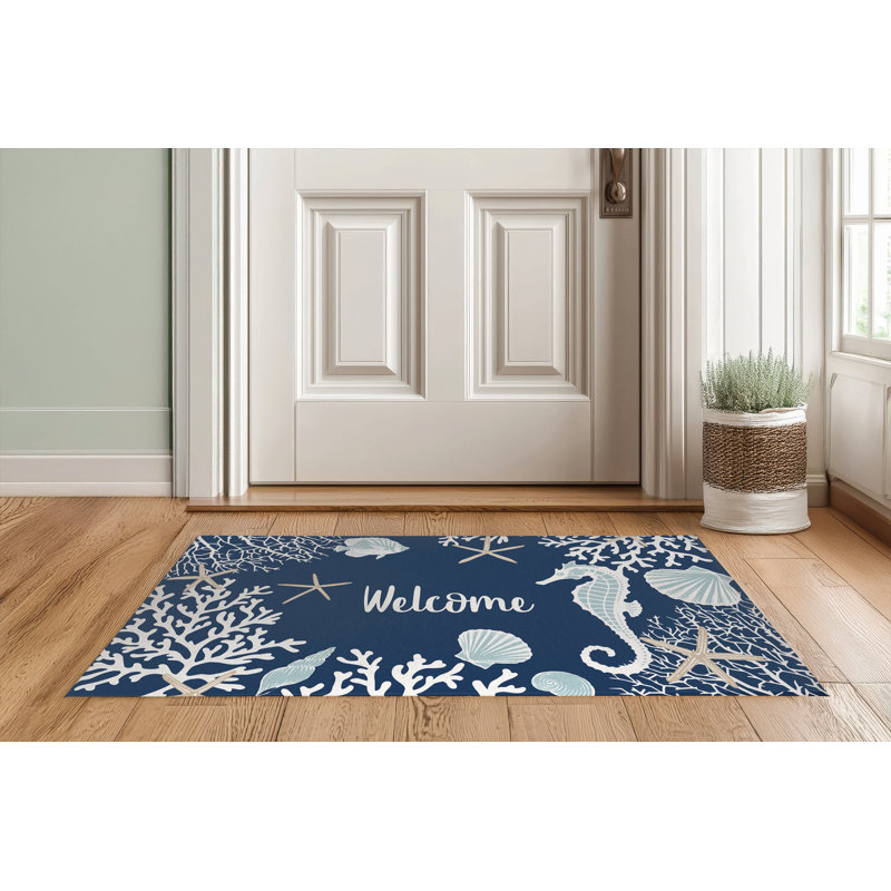Coral & Seahorse Welcome Indoor Doormat, Navy, 60" W x 84" L