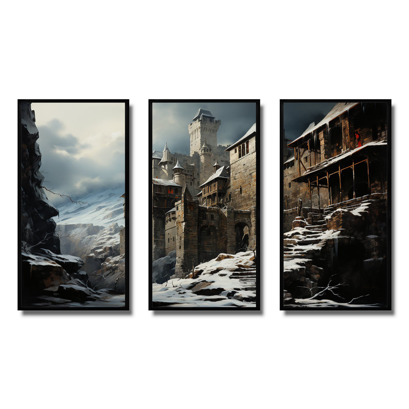 Art mural château médiéval en charme d'hiver IV - Châteaux, H 40 po x l 61 po, Cadre flottant noir
