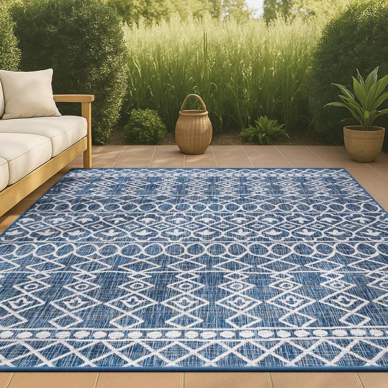 Ramadan Tribal Bohemian Blue/Ivory Indoor/Outdoor Rug, Rectangle 5'2" x 7'5"