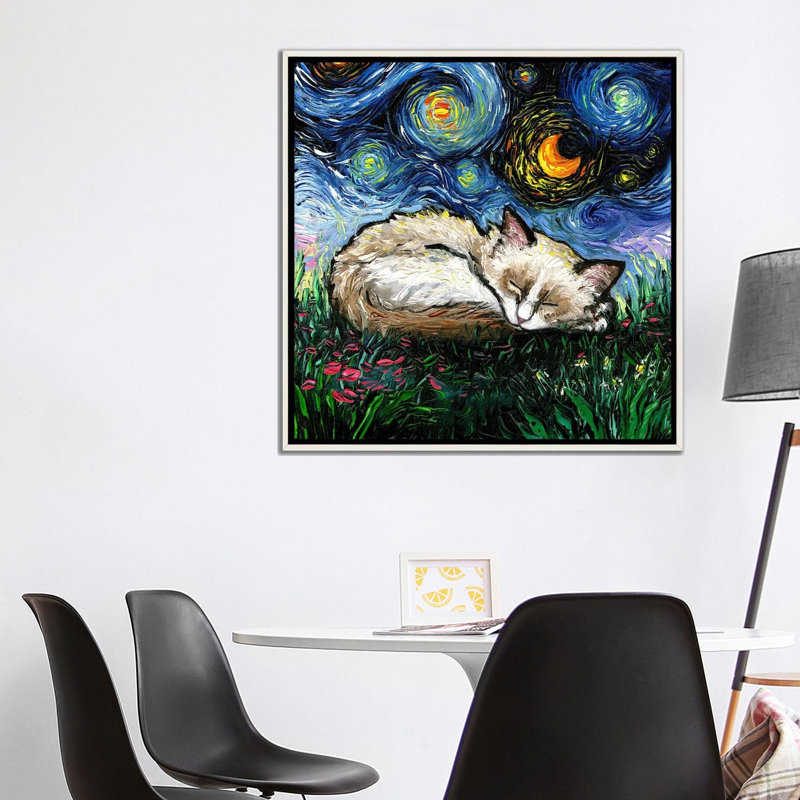 Sleepy Ragdoll Kitten Night, Distressed White Floater Framed Canvas, 37" H x 37" W x 1.5" D, No Mat