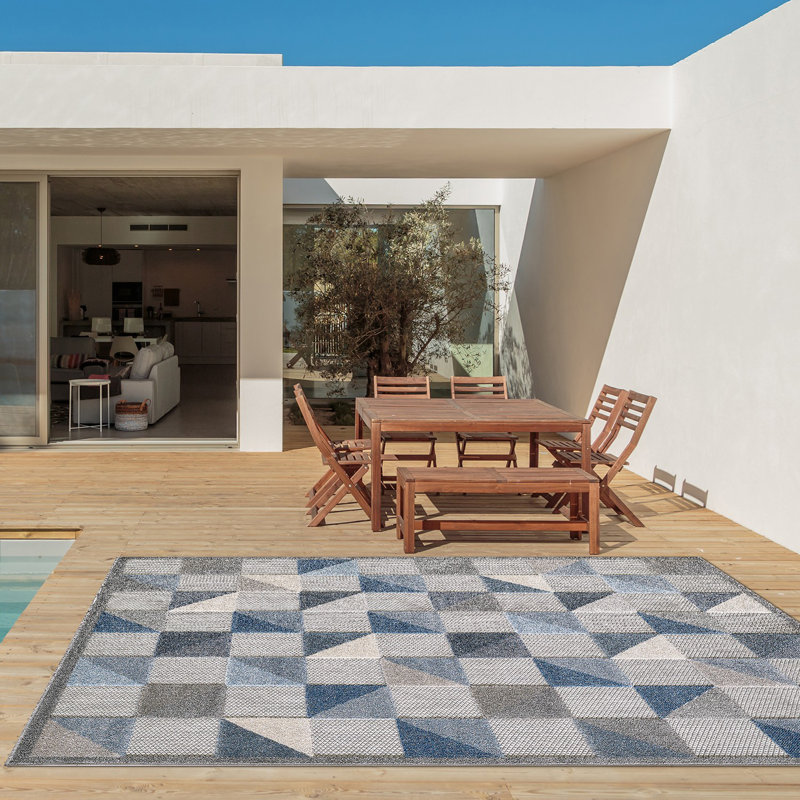 Tapis intérieur géométrique bleu 7 pi x 9 pi résistant aux taches