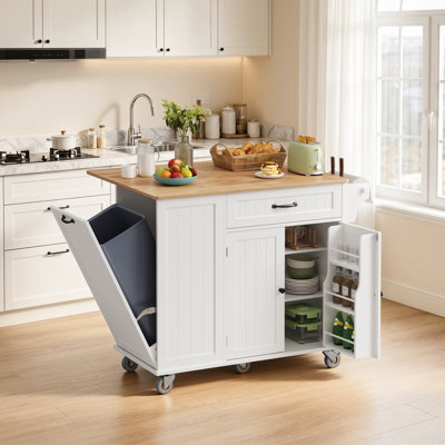 Îlot de cuisine en bois massif, compartiment à poubelle inclinable avec barre de petit-déjeuner à abattants, table de cuisine mobile avec faux réfrigérateur et roulettes verrouillables