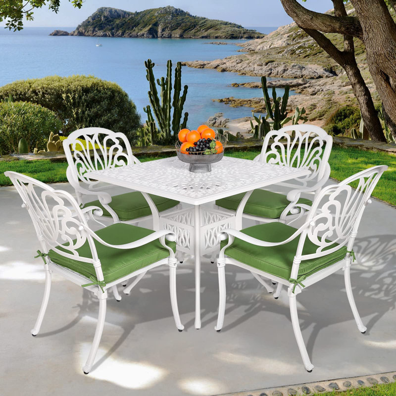Kolle 4 - Person Patio Dining Set with Square Table , Cushions Included, Green/White