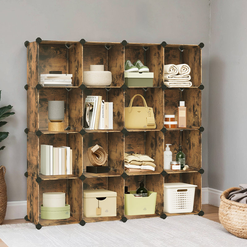 16-Cube Storage Organizer, Plastic Storage Shelf For Closet, Bedroom Living Room, Rustic Brown