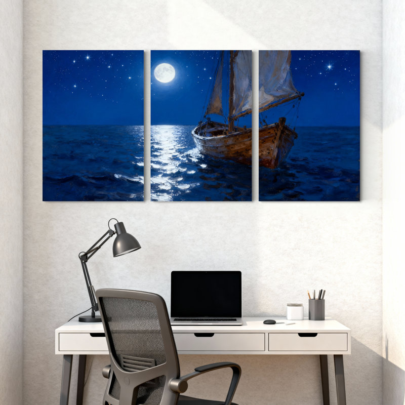 Nautique au clair de lune, ensemble de 3 impressions sur toile, H 24 po x l 48 po