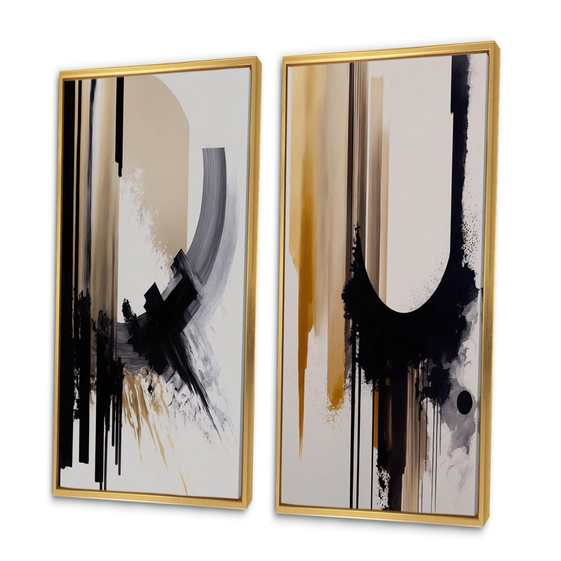 «Black, White and Gold Expression IV», 2 pièces sur toile, Encadrement doré, H 32 po x l 32 po