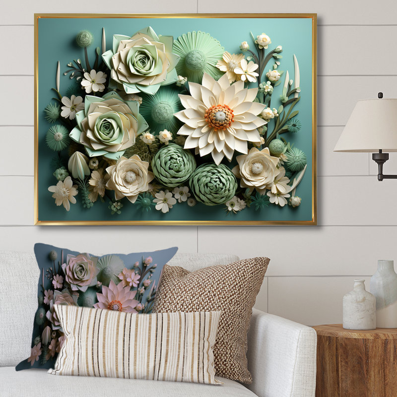 Cactus Mint Mirage I - Cactus, art mural sur toile, Cadre flottant doré, H 24 po x l 32 po x P 1 po
