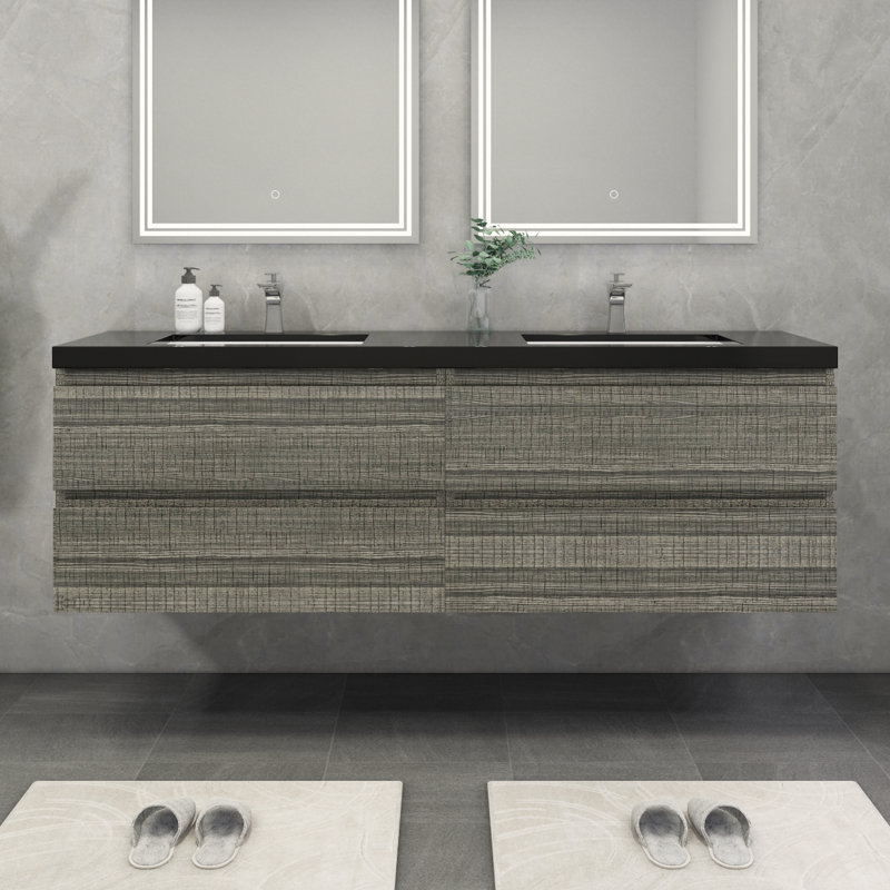 Kirker 72" Wall-Mounted Double Bathroom Vanity Set, Glossy Ash Gray