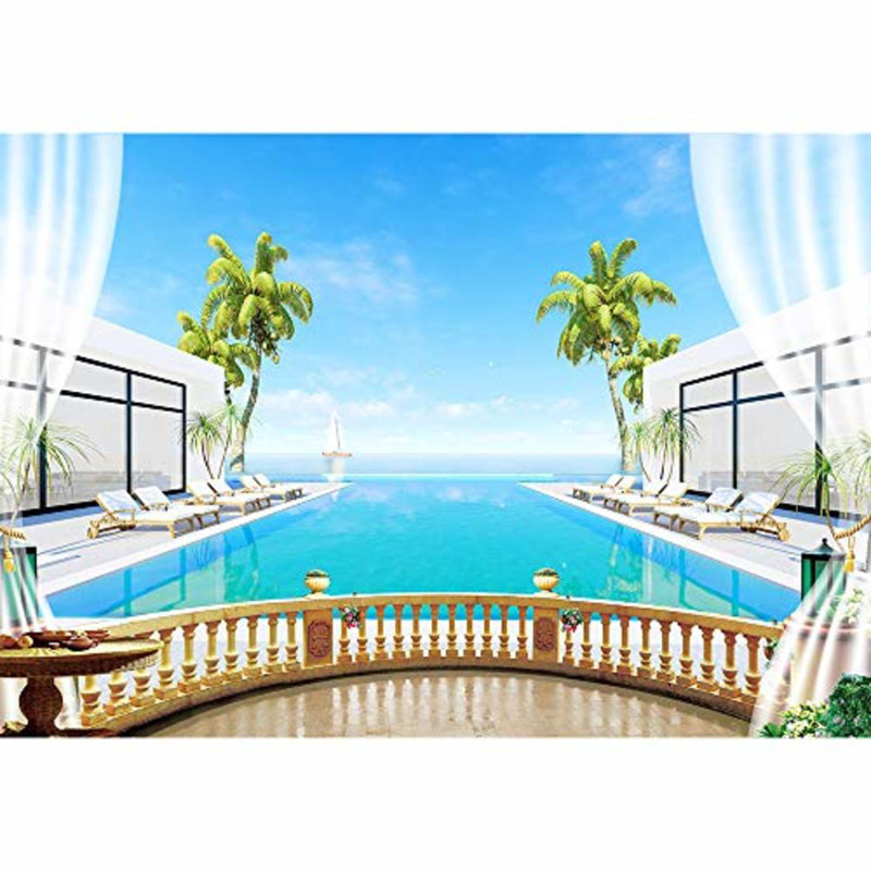 Murale vue sur la piscine vue d'un faux balcon, L 96 po x l 66 po