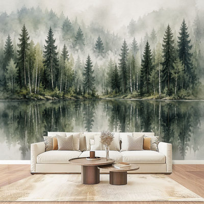 Papier peint adhésif pelez et collez, forêt brumeuse, paysage, reflet de l'eau, art mural auto-adhésif et amovible